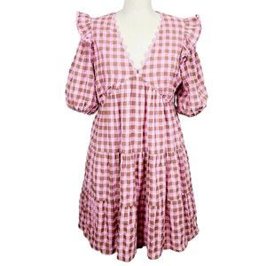 English Factory Dress M Pink Brown Gingham Rickrack V-Neck Tiered Puff Sleeve